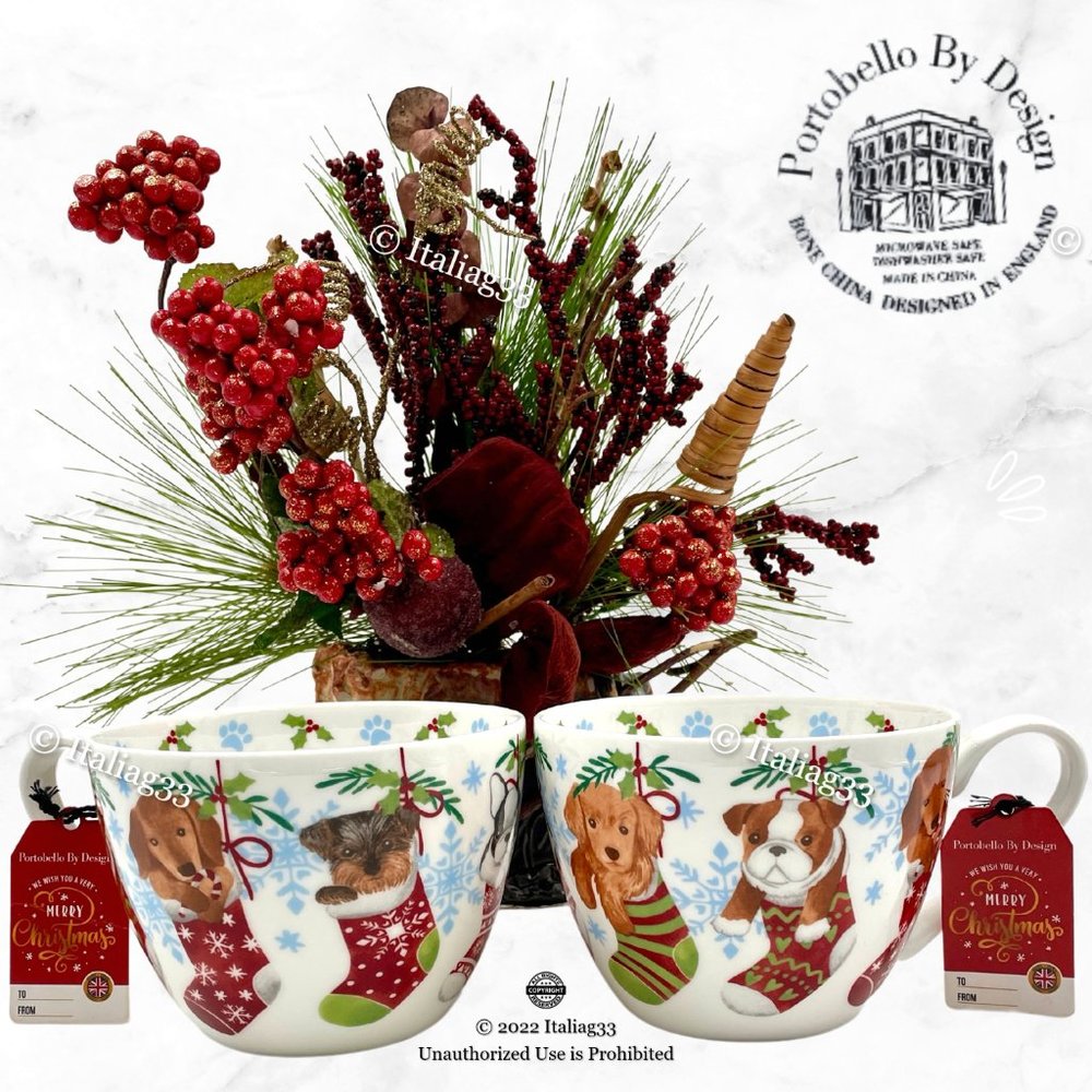 Portobello By Design Cup Mugs Dogs in Stockings Holiday Warm Wishes Bone China - Picture 6 of 12